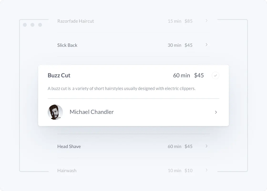 pop up of service on booking page