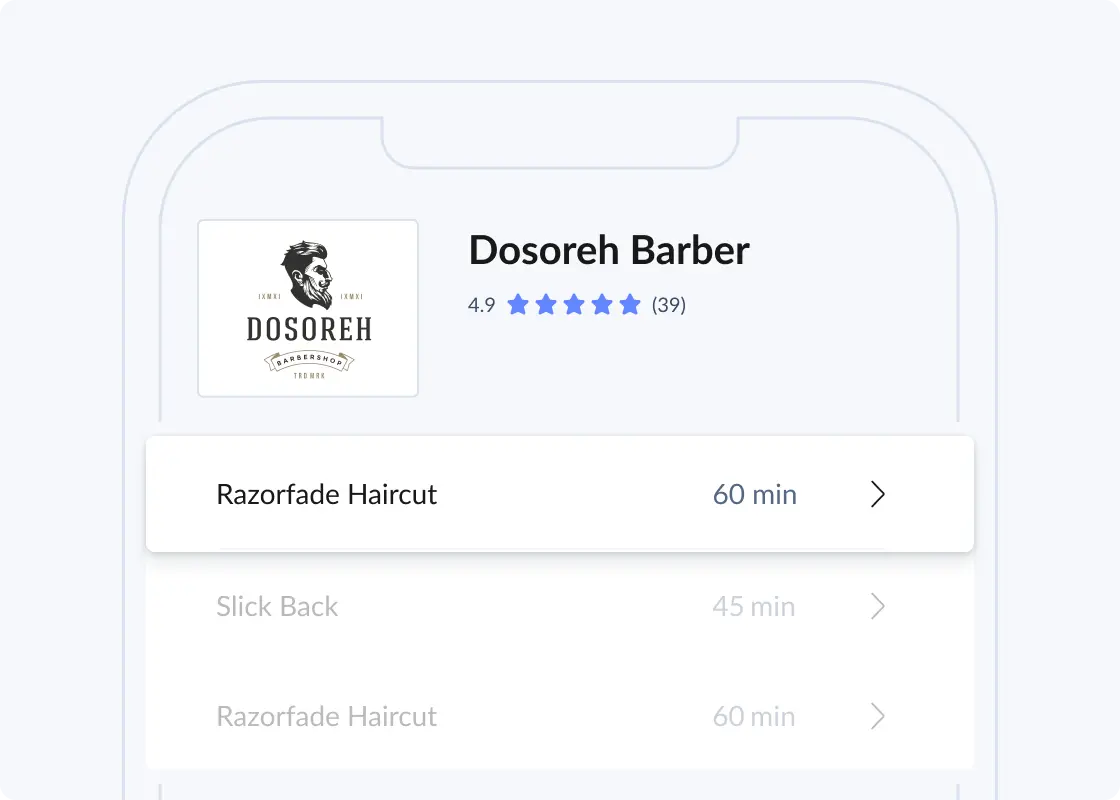 Página de reserva de barbearia no telemóvel
