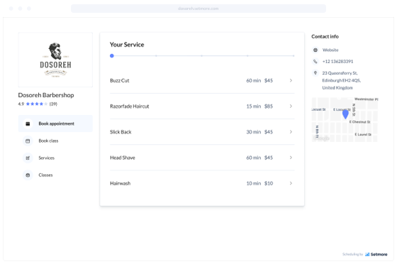 Setmore booking page of a barbershop