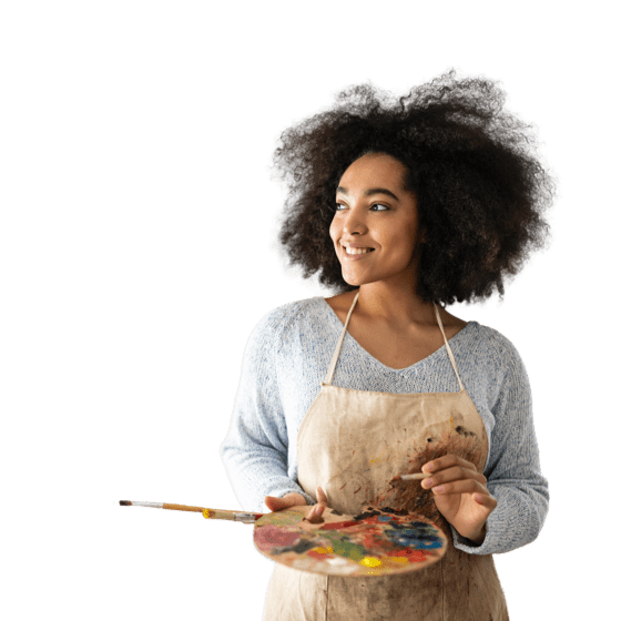 A woman painter with curly hair