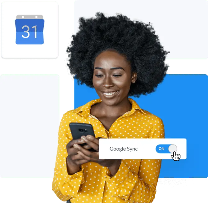 Fille aux cheveux bouclés synchronisant setmore à google agenda