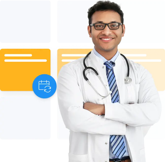 Doctor sonriente usando citas Setmore para pacientes habituales