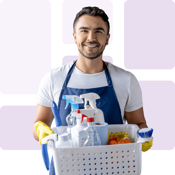 Man holding cleaning kit