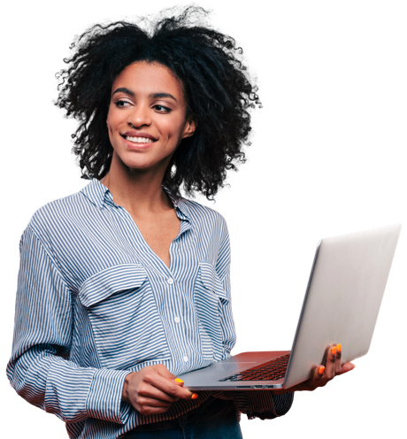 A woman holding a laptop with dimple smiling face