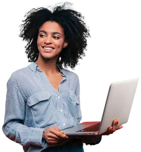 A woman holding a laptop with dimple smiling face