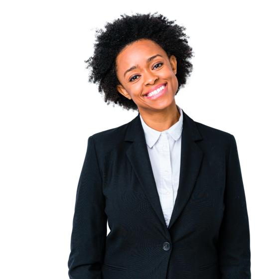 A woman in black coat with brand logo background