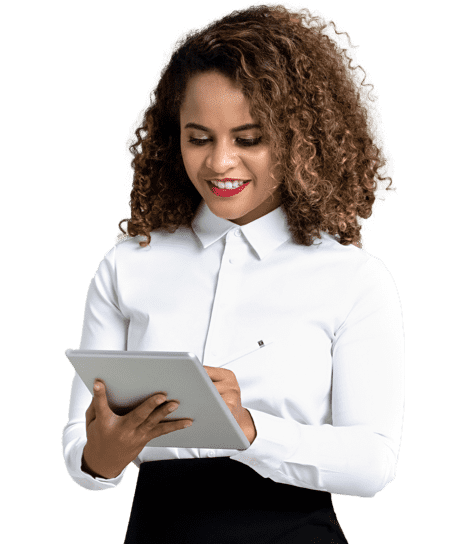 A woman in curls is standing with iPad