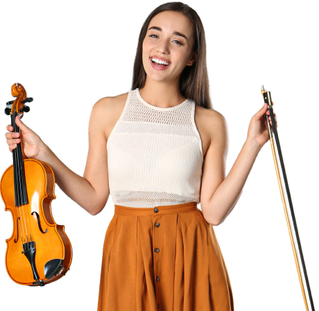 smiling woman holding violin in hand