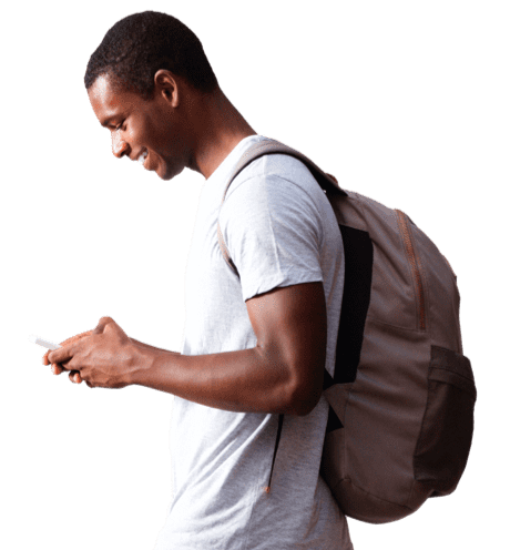 Smiling man with bag looking at mobile