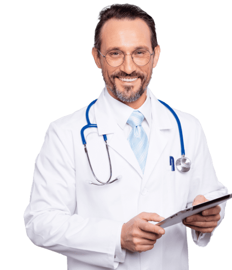 doctor in glasses using vaccine scheduling app