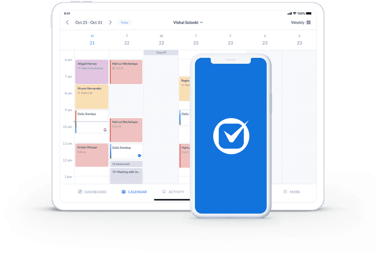 setmore calendar page on desktop and slack logo