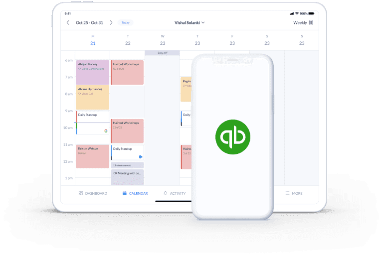 page de calendrier sur intégration setmore et quickbooks