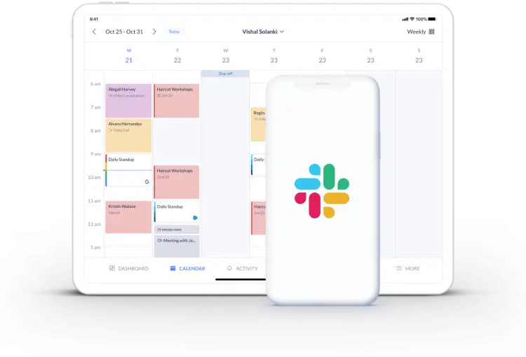 pagina del calendario setmore sul desktop e logo slack