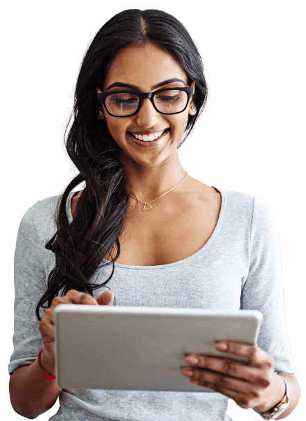 woman smiling wearing glasses using setmore